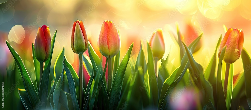 Aufkleber Blooming tulip buds in a spring meadow create a vibrant floral backdrop with plenty of copy space image.