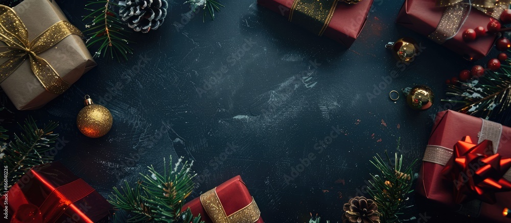 Poster Top view frame with copy space image featuring Christmas decorations, a fir tree branch, and a gift box displayed on a dark table.