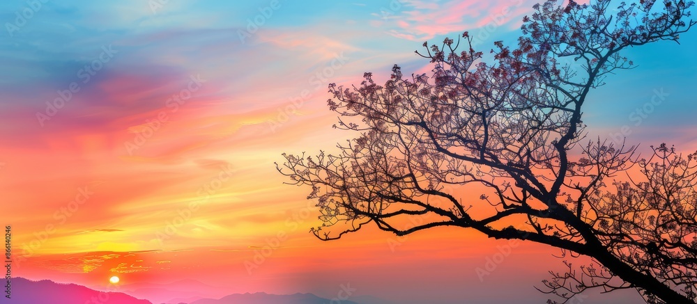 Poster A stunning sunset landscape with a beautiful tree and branch silhouette against the colorful sky, perfect for adding text with copy space in the image.