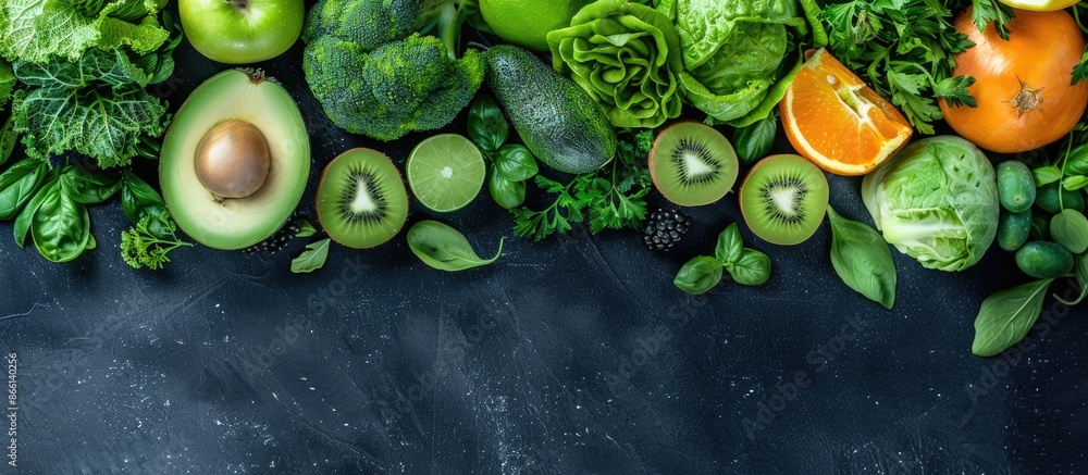 Poster top view of a variety of fresh green produce and fruits on a black backdrop, featuring copy space im