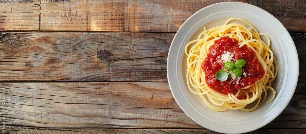 Poster italian spaghetti topped with rustic tomato pasta sauce, perfect for a meal. a top view showing the 