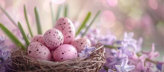 Pink quail eggs in a decorative nest with hyacinth flowers, creating an Easter composition in pink tones, with a selective focus and copy space image.
