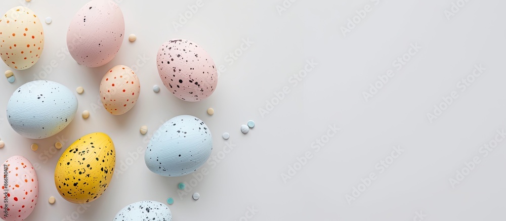 Aufkleber Top view of Easter eggs on a white backdrop with copy space image for text, isolated.