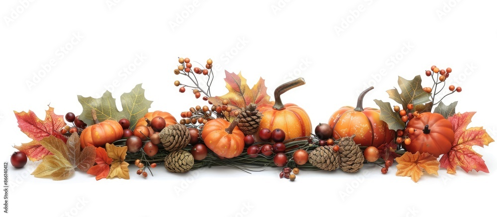 Poster autumn-themed arrangement of leaves, pumpkins, and berries on a white backdrop. suitable for display