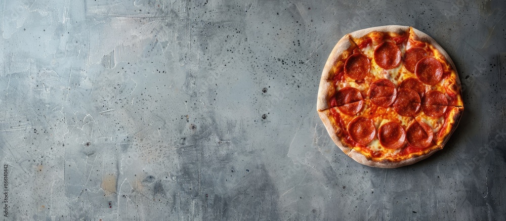 Aufkleber Pepperoni pizza placed on a concrete surface with a background perfect for adding text or graphics, known as a copy space image.