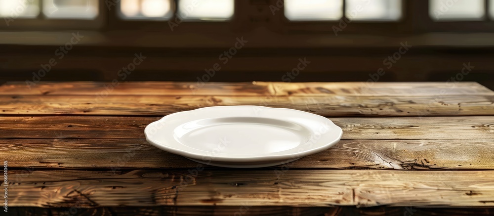 Poster wooden kitchen table displaying an empty white plate with copy space image.