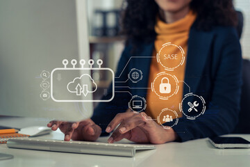 Hand touching Secure Access Service Edge icon on smartphone virtual screen background, password,...