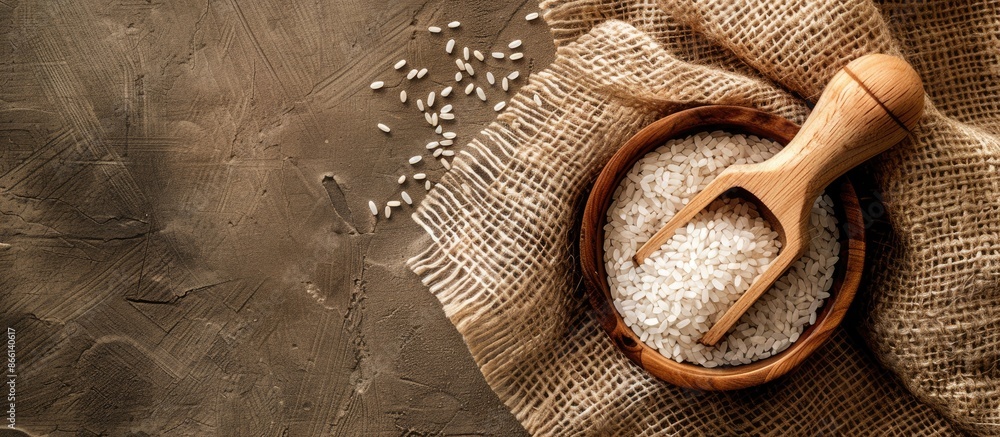 Aufkleber a top-view image with copy space featuring a wooden scoop and bowl filled with rice cereal on a text