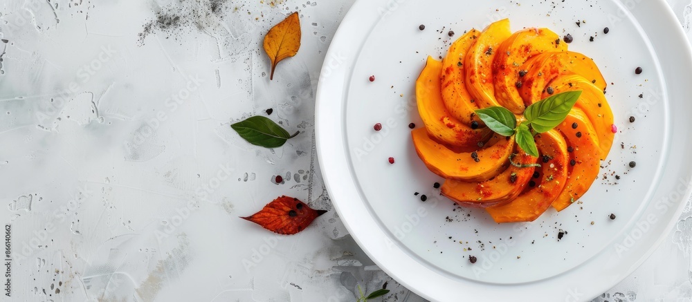 Aufkleber pumpkin dish perfectly presented on a white plate with space for text or image. copy space available