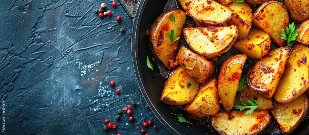 Aufkleber Potato wedges cooked with spices in a frying pan with room for copy space image.