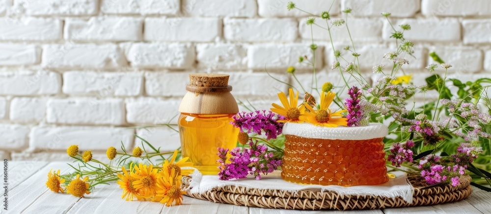Poster honey and a variety of flowers displayed on a wicker mat with a white brick wall backdrop, perfect f