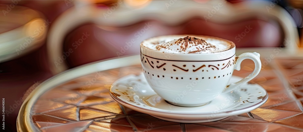 Poster A cappuccino cup with a decorative pattern placed on a cafe table, displayed in a copy space image.