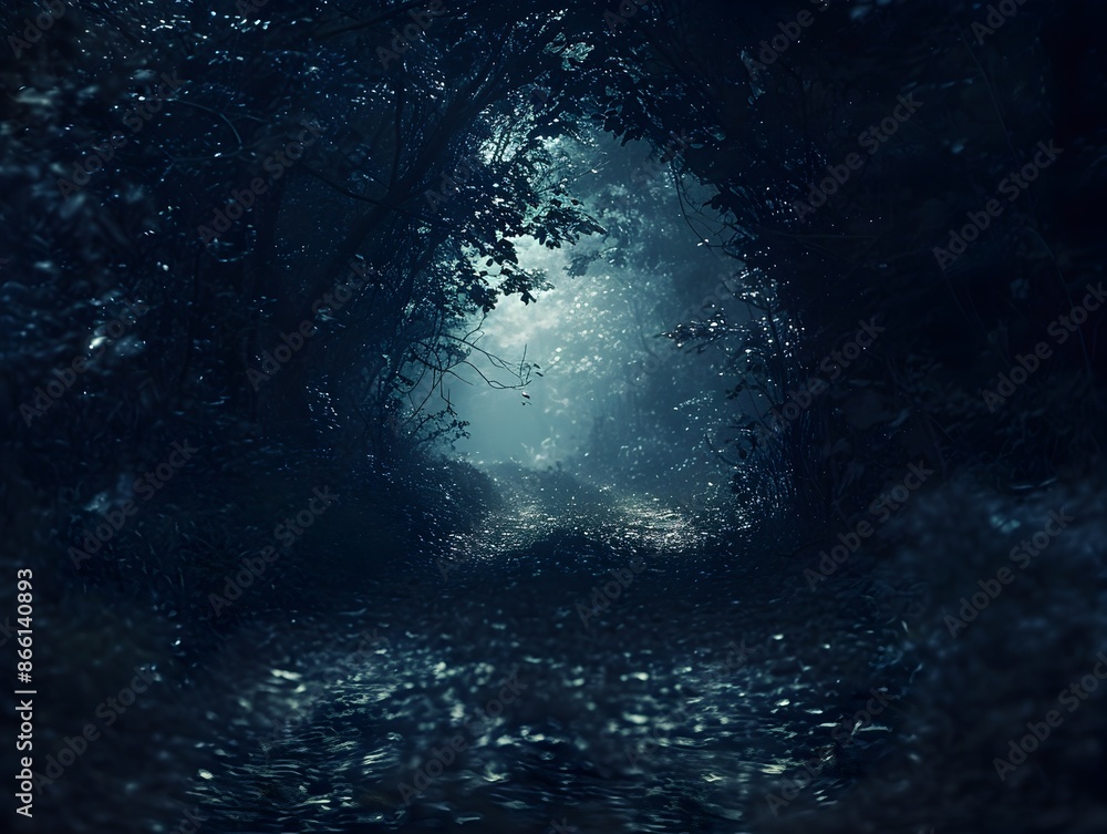 Poster mysterious forest path leading to a faint light in the distance suggesting a journey into the unknow