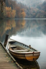 Obraz premium A small boat docked at a wooden pier, with a softly blurred background of a calm lake and surrounding trees. 