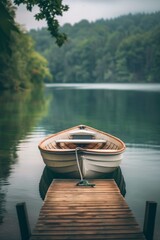 Obraz premium A small boat docked at a wooden pier, with a softly blurred background of a calm lake and surrounding trees. 