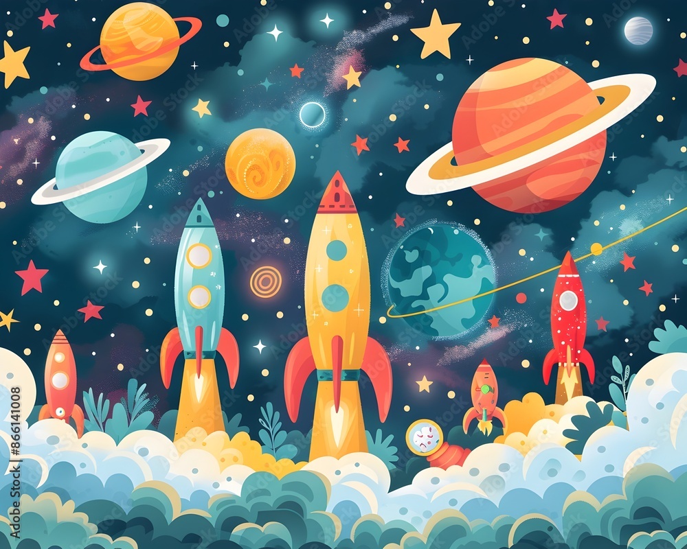 Poster fun and colorful outer space scene with rockets and friendly aliens perfect for inspiring cosmic cur