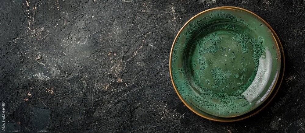 Poster Top view of an antique green plate on a dark, textured table with copy space image. Ideal for menus or food flat lay backgrounds.