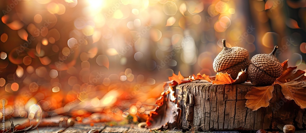 Poster Autumn-themed acorn decor displayed on a rustic wooden log with copy space image.