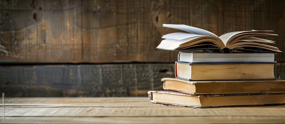 Aufkleber An open book rests on a wooden table surrounded by a stack of hardback books, creating a back-to-school atmosphere with a designated copy space image.
