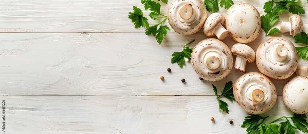 Poster flat lay composition with a variety of mushrooms, parsley, on a white wooden surface. the setup prov