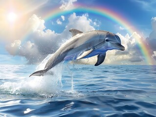 Fototapeta premium Playful Dolphin Leaping Through Vibrant Rainbow in the Ocean