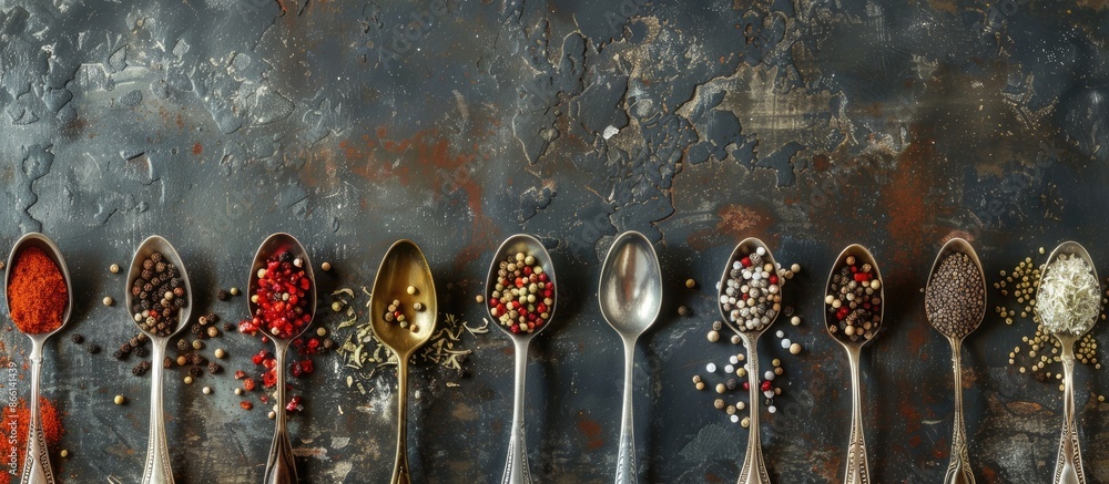 Poster Various spices on spoons set against a vintage backdrop, with ample copy space provided for your text in the image. Top-down perspective.