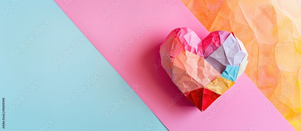 Poster heart-shaped craft with copy space image on colorful backdrop.