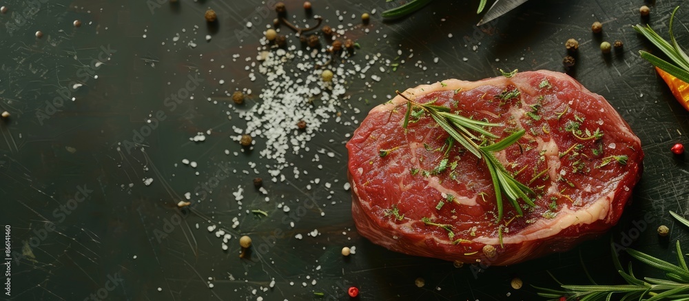 Poster preparing a savory steak with fresh beef adorned with spices and herbs for grilling, shown in a copy