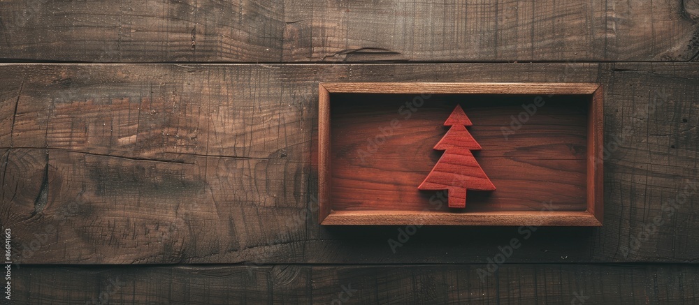 Poster A flat lay image featuring a wooden Christmas tree inside a picture frame, offering room for text with a copy space image.
