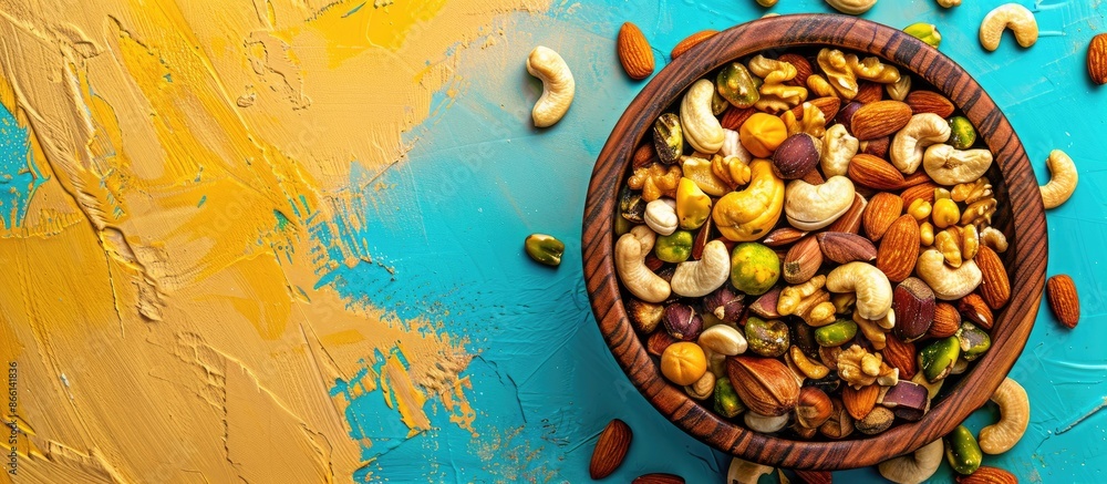 Poster top view of a wooden bowl on a colorful table filled with a variety of nuts like cashews, hazelnuts,