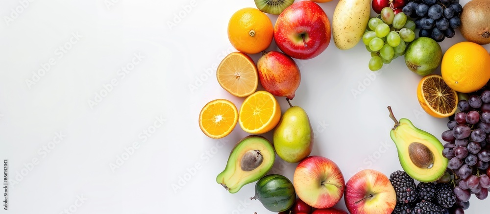 Aufkleber various fresh and sweet fruits arranged in a circle on a white backdrop with copy space image, promo