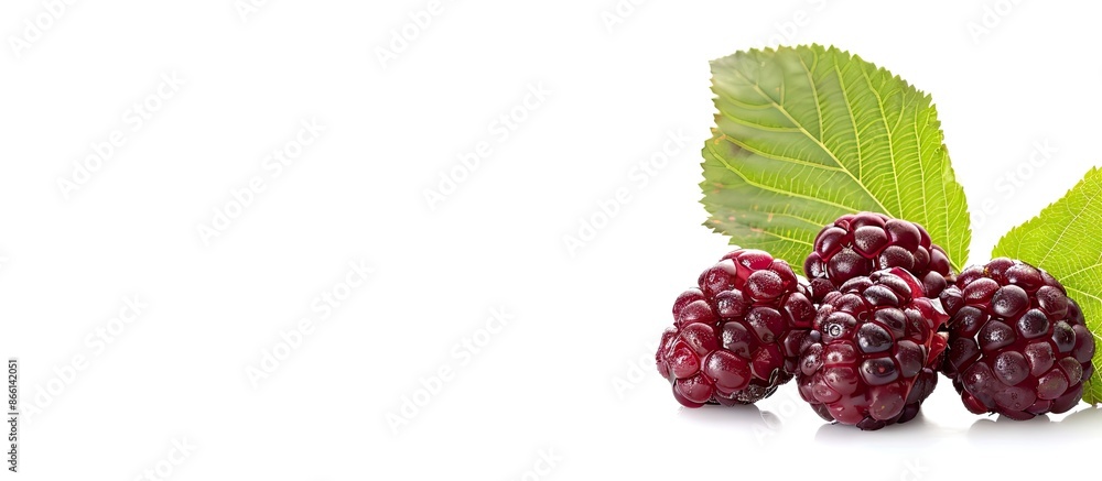 Poster a detailed image showing a mulberry fruit with a green leaf against a white background, with empty s
