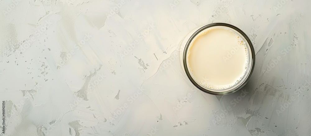 Poster Almond-based alternative milk in an unpeeled glass placed on a white table viewed from above with copy space image.