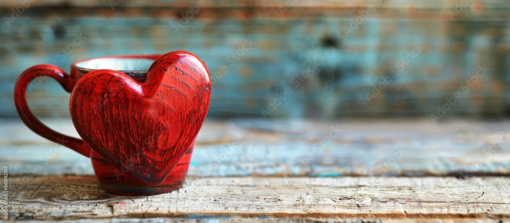 Aufkleber selective focus point on a wooden table with a heart-shaped coffee cup, perfect for showcasing in a 
