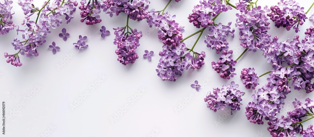 Poster top view of lovely lilac flowers on a white backdrop, with room for text in the copy space image.