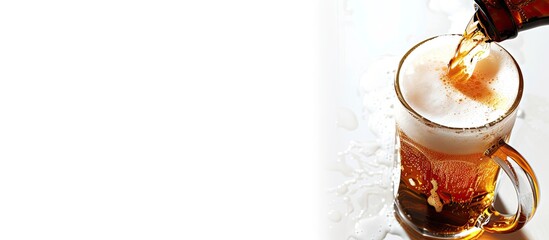 Copy space image of a beer pouring into a mug on a white background, illustrating the concept of alcohol consumption from a personal perspective with no people present.