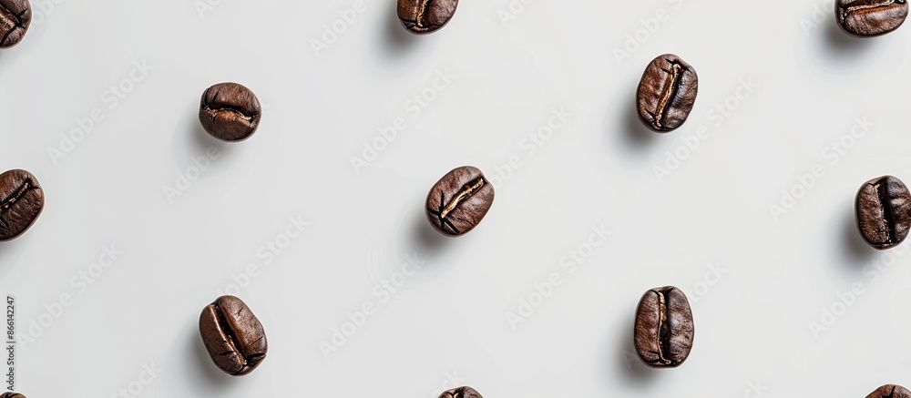 Poster top view of numerous roasted coffee beans on a white background, with ample copy space image availab