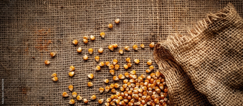 Poster Top view of corn grains on a burlap background with copy space image available for text.