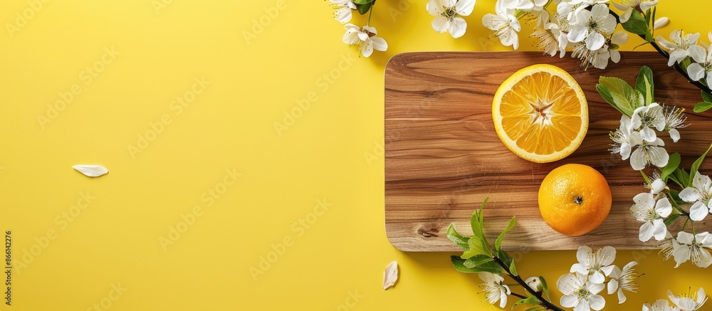 Fototapete top view of a wooden board with a sliced orange and a blossoming branch placed on a yellow backdrop,