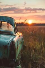 Fototapeta premium A vintage car parked in a field, with a softly blurred background of tall grass and a setting sun. 