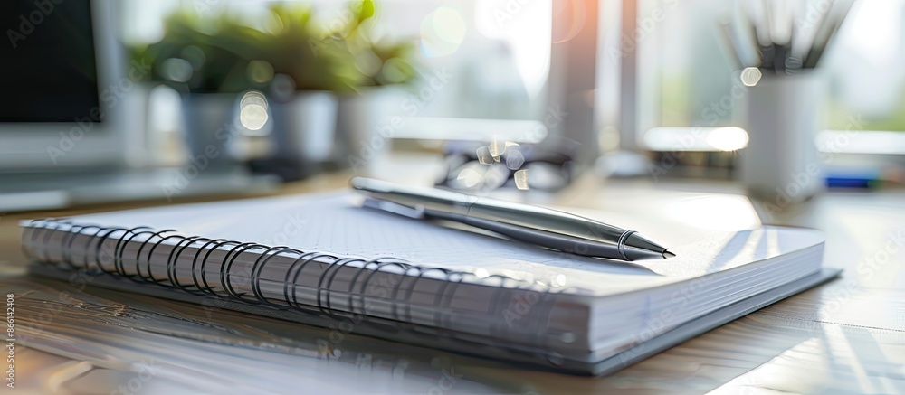 Aufkleber Notebook and pen placed on a desk with copy space image.