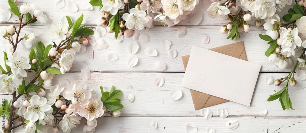 Poster celebrate mother's day with a stunning arrangement of flowers and an empty card, elegantly displayed