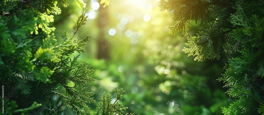 Aufkleber Sunlight filtering through a cypress branch creates a beautiful frame for a copy space image, surrounded by arborvitae and thuja evergreen trees, perfect for a natural theme.