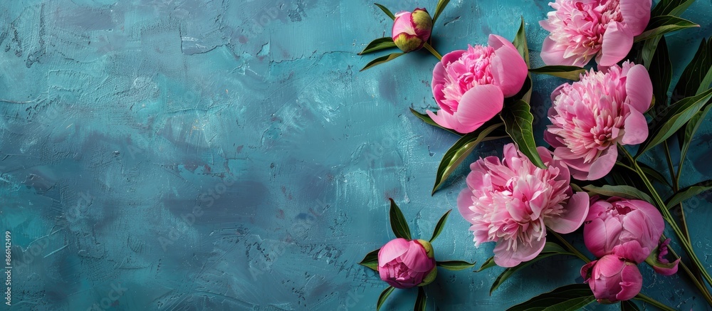 Aufkleber top view of fresh pink peonies on a blue tabletop with a blank area for text in the image. copy spac