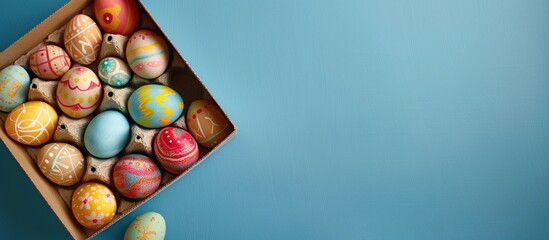 Easter eggs painted on a blue backdrop within a cardboard package with copy space image.