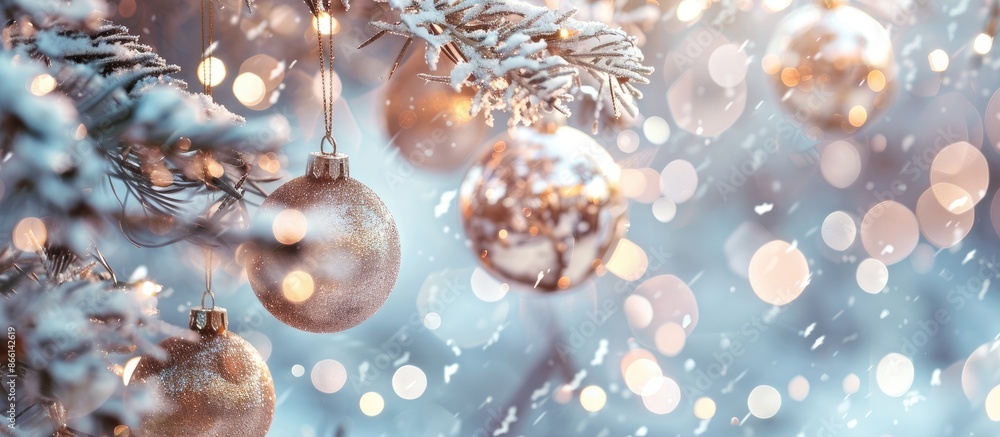 Aufkleber a festive scene featuring shiny christmas ornaments hanging from a snow-dusted tree branch with a re