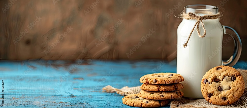 Poster farm-fresh cow's milk served with cookies in a delightful snack arrangement on a tabletop with a bac