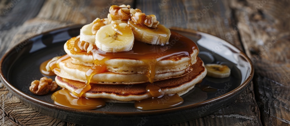 Poster a tempting breakfast scene: fluffy homemade pancakes topped with banana, walnut, and caramel on a da