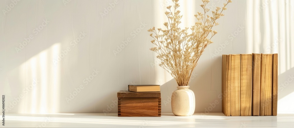 Poster items like a book, a wooden box, and a flower pot are neatly arranged on a white table in a room or 