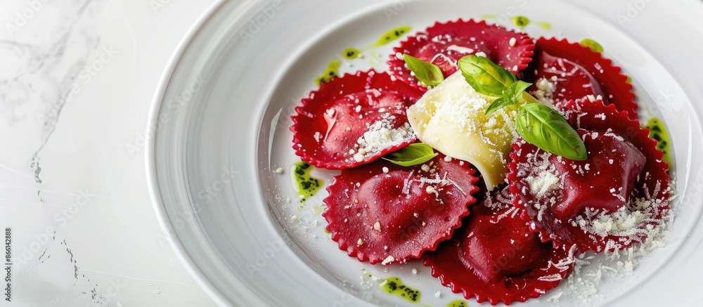 Aufkleber Red beetroot ravioli with cheese presented on a white plate with a plain background for a stunning copy space image.